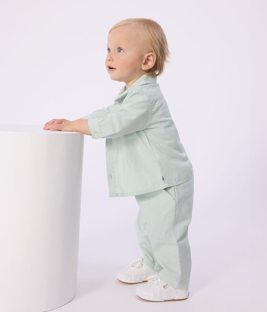 BABIES' LONG-SLEEVED PLAIN COTTON/LINEN SHIRT