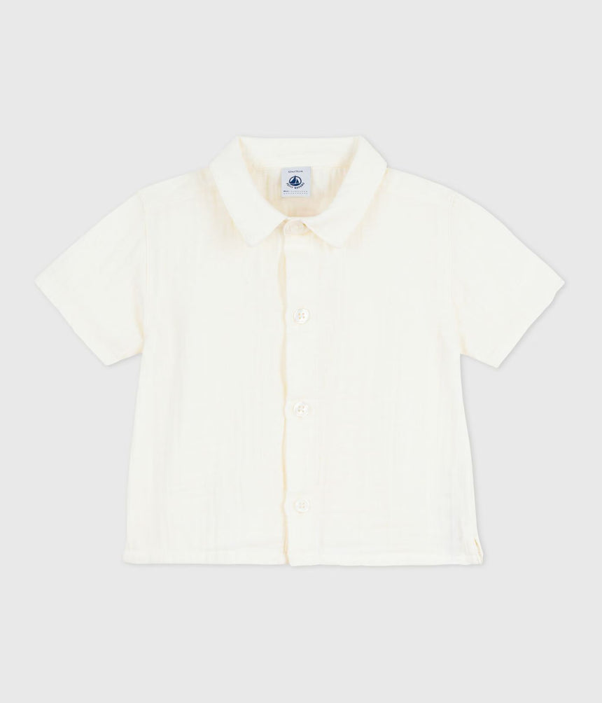 BABIES' SHORT-SLEEVED PLAIN COTTON/LINEN SHIRT