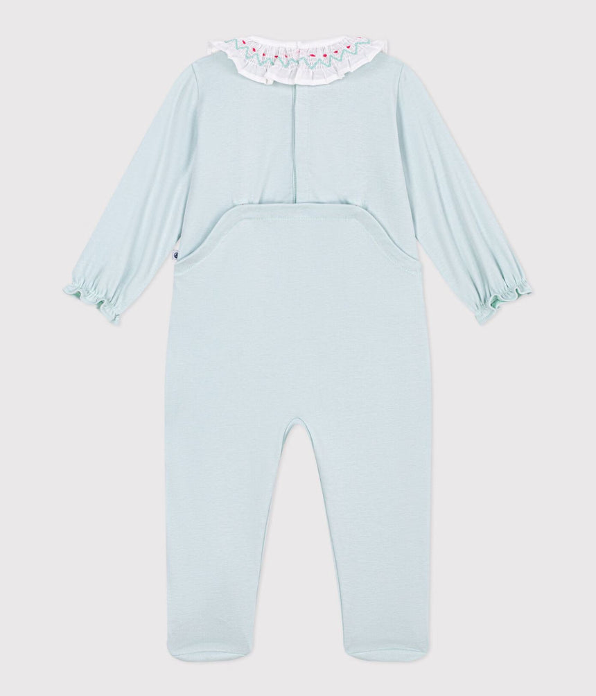 BABIES' BACK-OPENING PLAIN COTTON PYJAMA SUIT WITH A RUFF