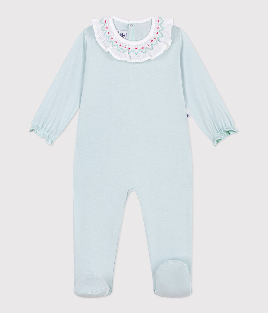 BABIES' BACK-OPENING PLAIN COTTON PYJAMA SUIT WITH A RUFF