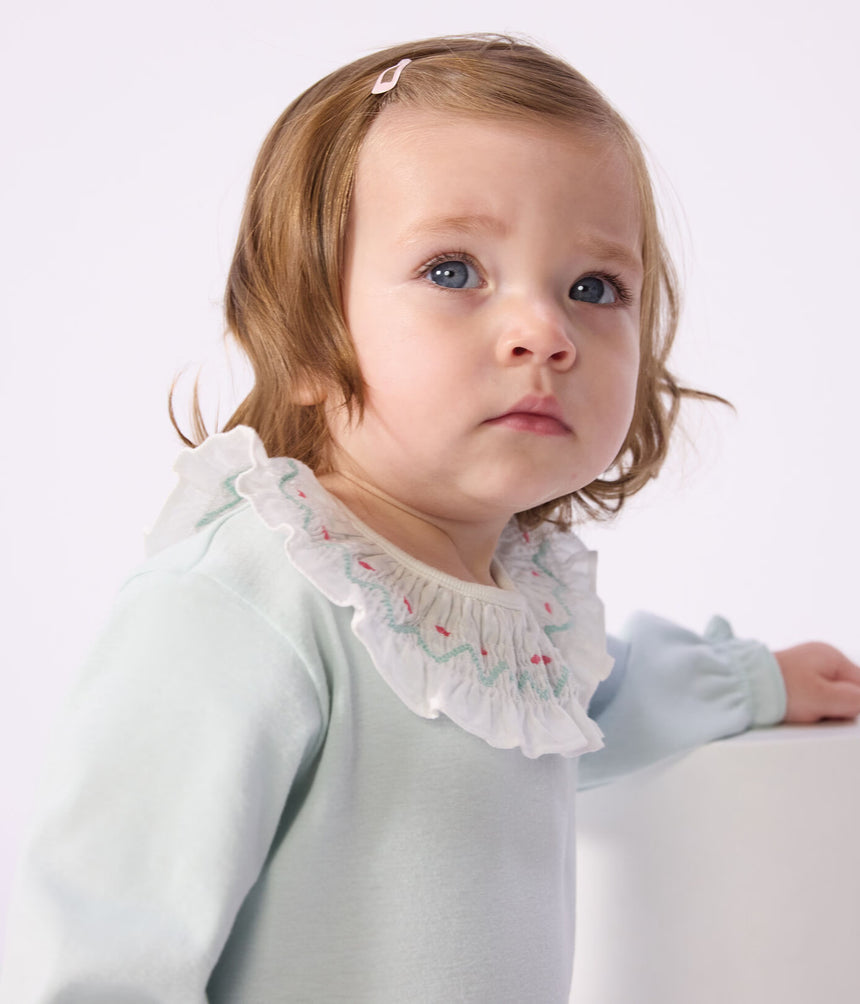 BABIES' BACK-OPENING PLAIN COTTON PYJAMA SUIT WITH A RUFF