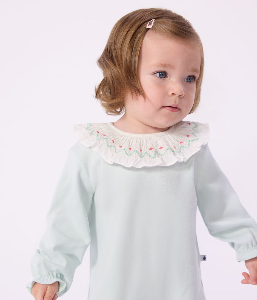 BABIES' BACK-OPENING PLAIN COTTON PYJAMA SUIT WITH A RUFF