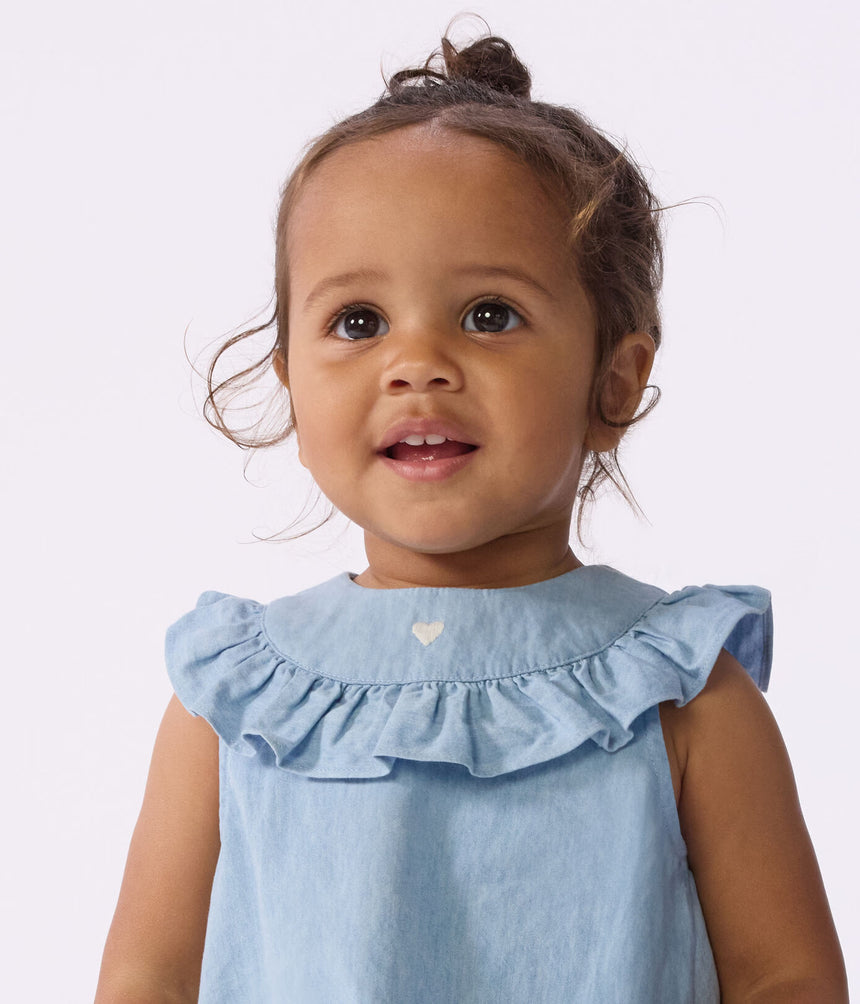 BABIES' SLEEVELESS BLOUSE IN EMBROIDERED COTTON CHAMBRAY
