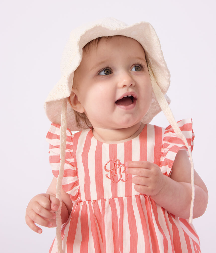 BABIES' SLEEVELESS COTTON DRESS WITH STRIPY BLOOMERS