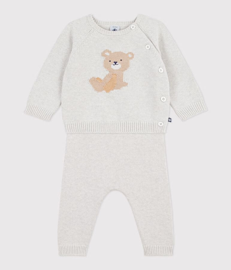 BABIES' KNITTED WOOL AND COTTON OUTFIT WITH A BEAR DESIGN