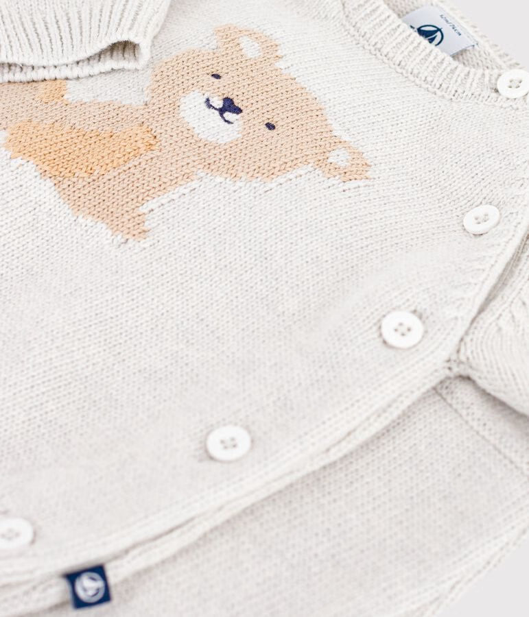 BABIES' KNITTED WOOL AND COTTON OUTFIT WITH A BEAR DESIGN
