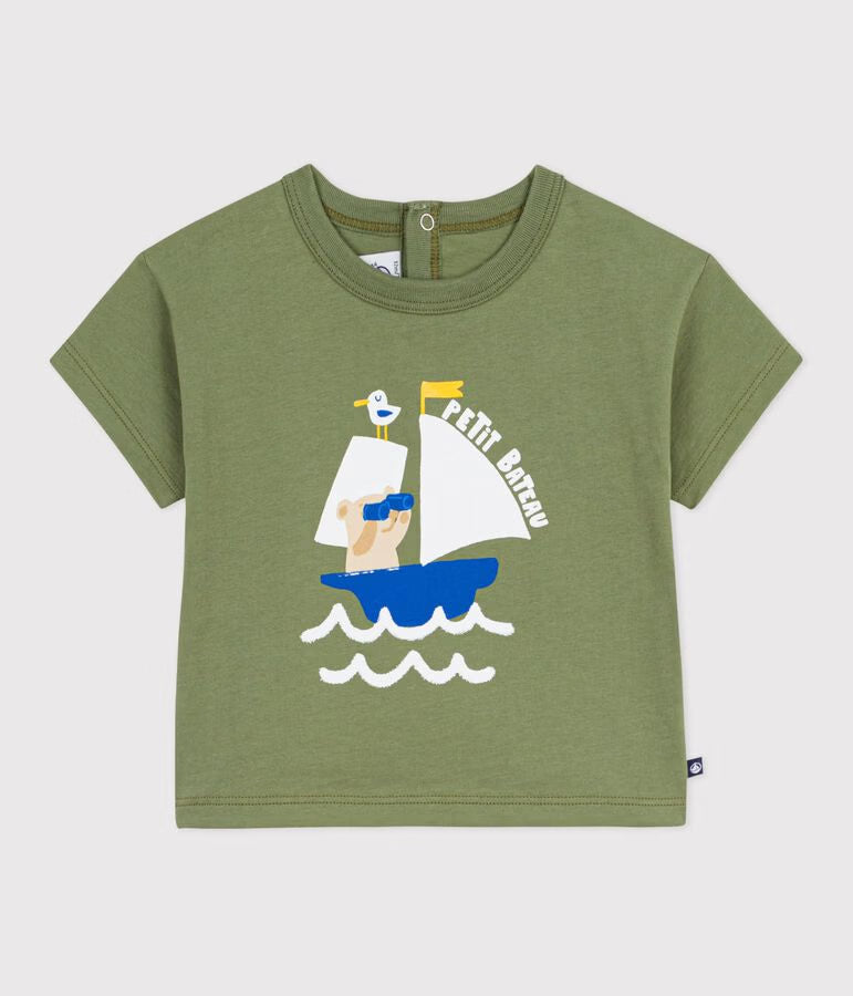 BABIES' SHORT-SLEEVED COTTON T-SHIRT WITH A SEAGULL MOTIF