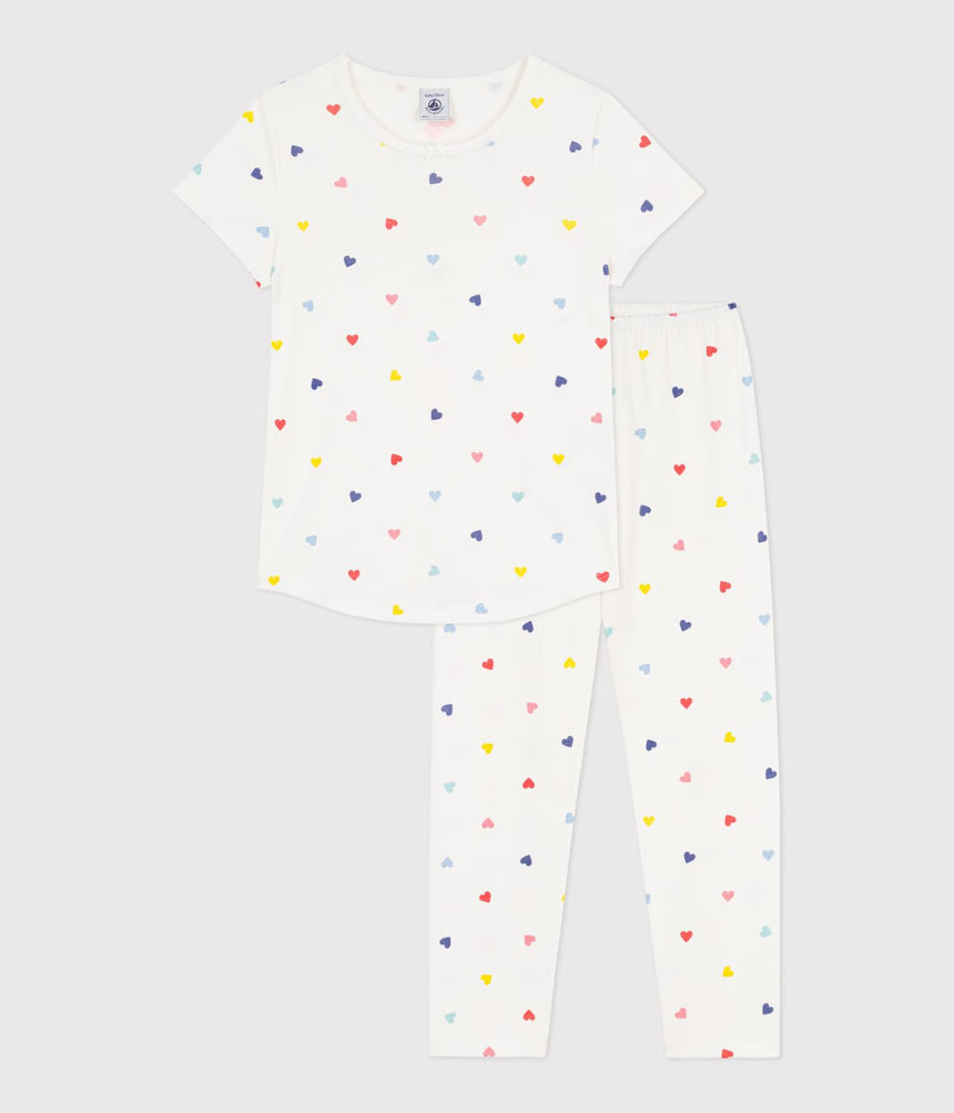 CHILDREN'S SHORT-SLEEVED LONG-LEG HEART PATTERNED COTTON PYJAMAS