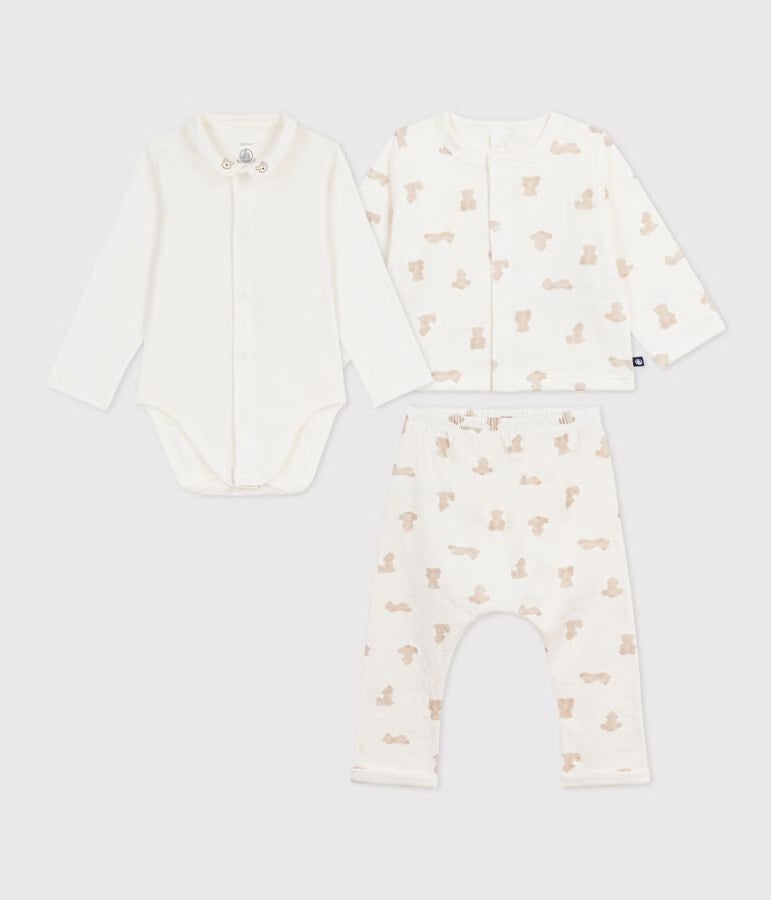 BABIES’ LONG TWO-PIECE TEDDY BEAR PRINT SET IN COTTON