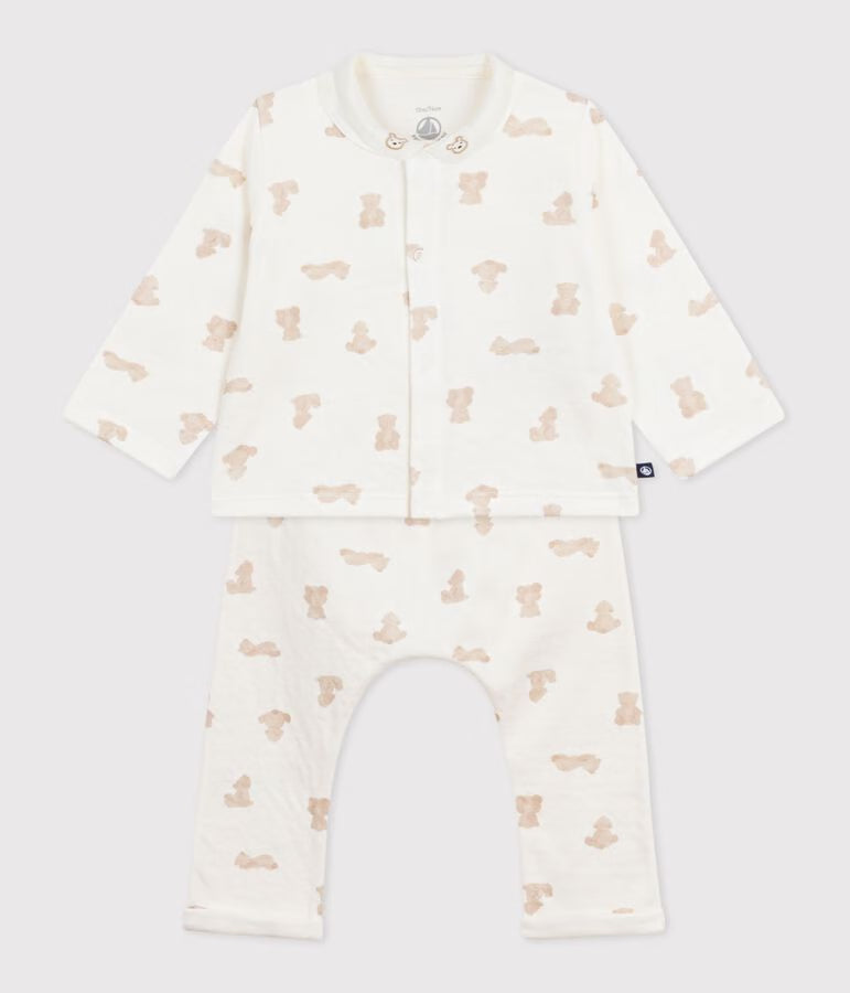 BABIES’ LONG TWO-PIECE TEDDY BEAR PRINT SET IN COTTON