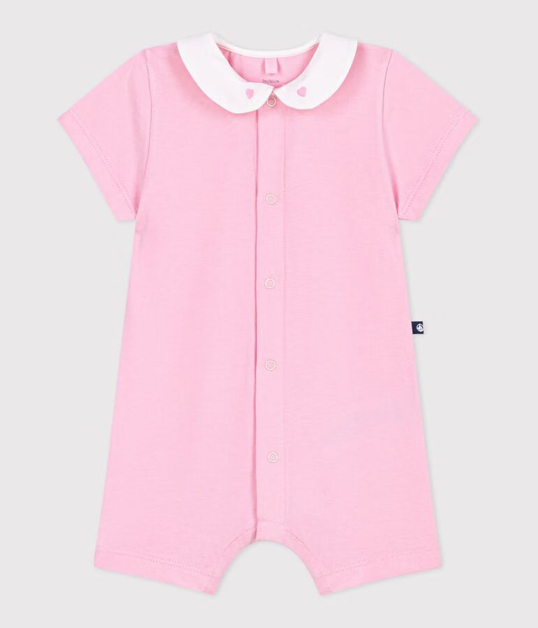 BABIES’ SHORT COTTON JUMPSUIT WITH HEARTS EMBROIDERED ON THE COLLAR