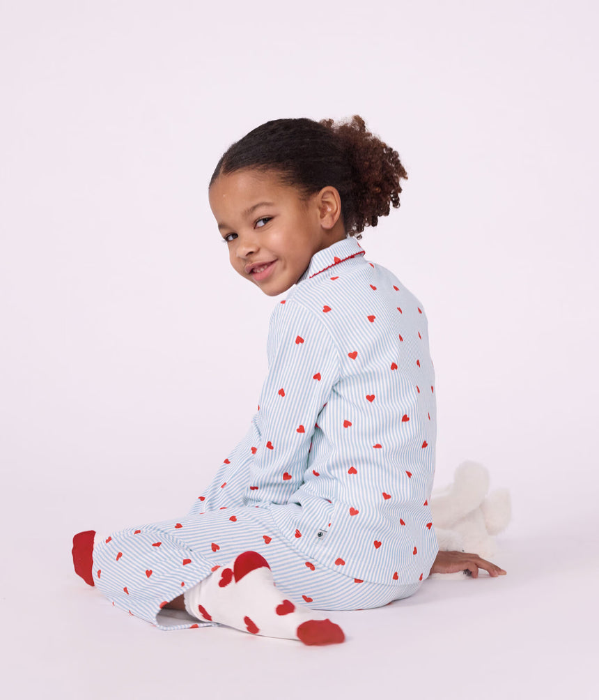 CHILDREN'S BUTTONED HEART PATTERN COTTON PYJAMAS