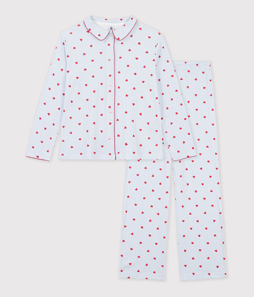 WOMEN'S BUTTONED STRIPE AND HEART PRINT COTTON PYJAMAS