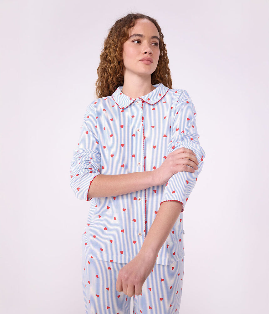 WOMEN'S BUTTONED STRIPE AND HEART PRINT COTTON PYJAMAS