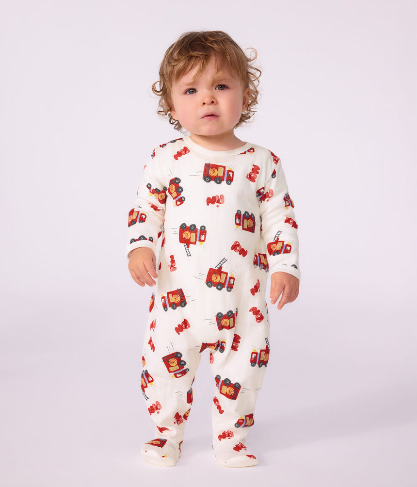 BABIES' PYJAMA SUIT IN TUBE KNIT FABRIC WITH A PRINTED FIREFIGHTER DESIGN AND A BACK OPENING