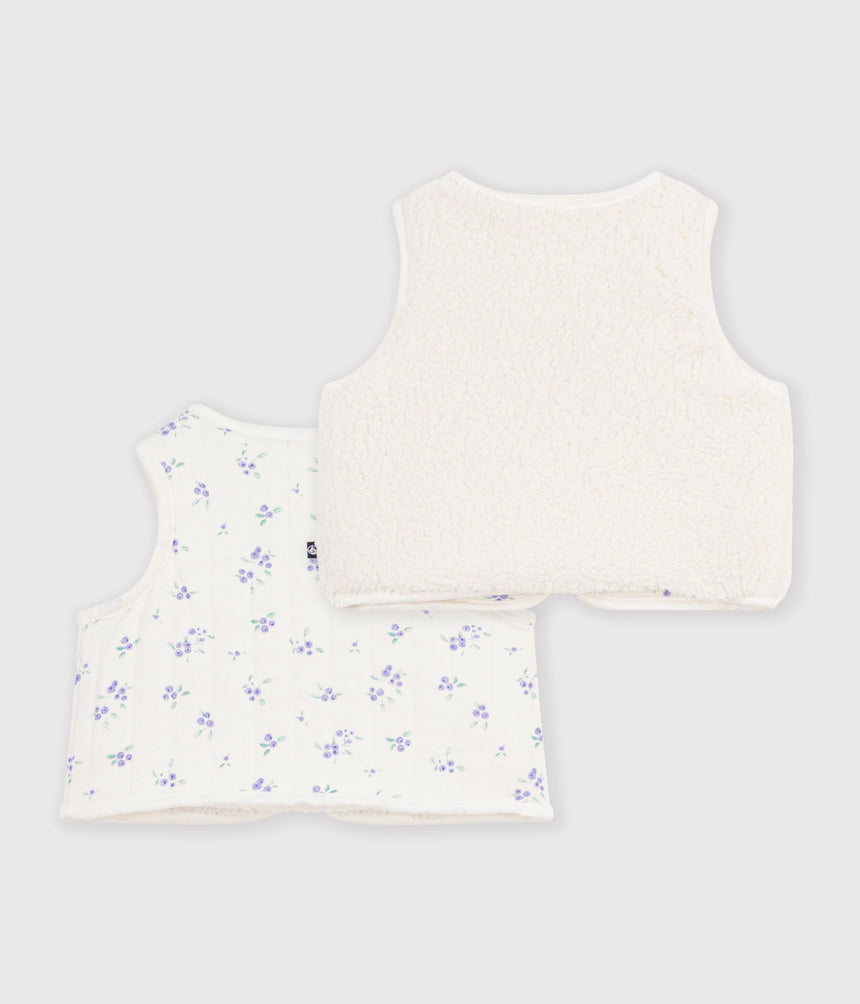 BABIES' SLEEVELESS FLORAL PRINT COTTON AND SHERPA CARDIGAN
