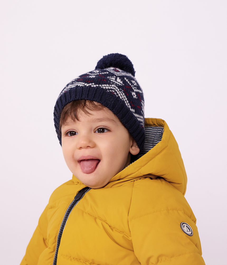 BABIES' WOOL AND COTTON JACQUARD BEANIE WITH A FLEECE LINING