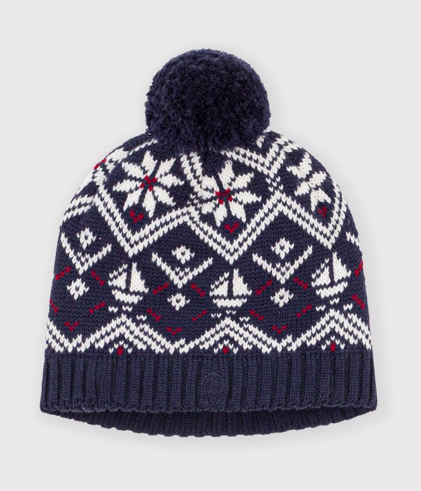 CHILDREN'S JACQUARD HAT IN WOOL AND COTTON WITH FLEECE LINING