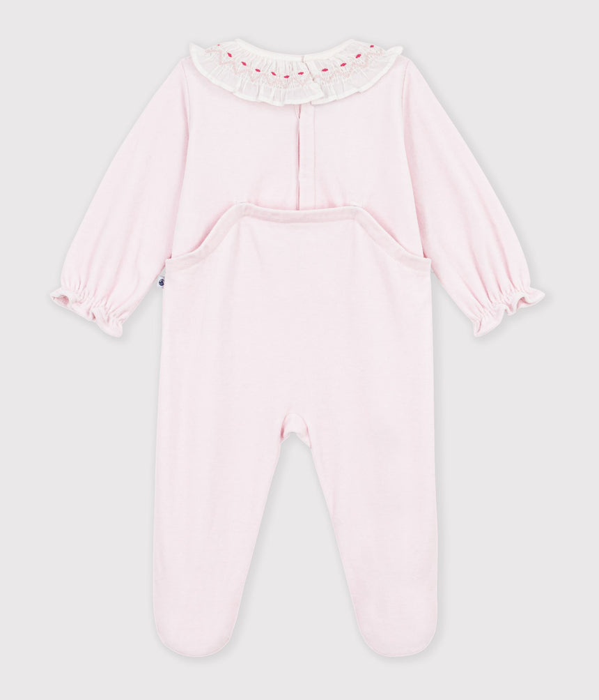BABIES' PLAIN VELOUR PYJAMA SUIT WITH A RUFF AND A BACK OPENING