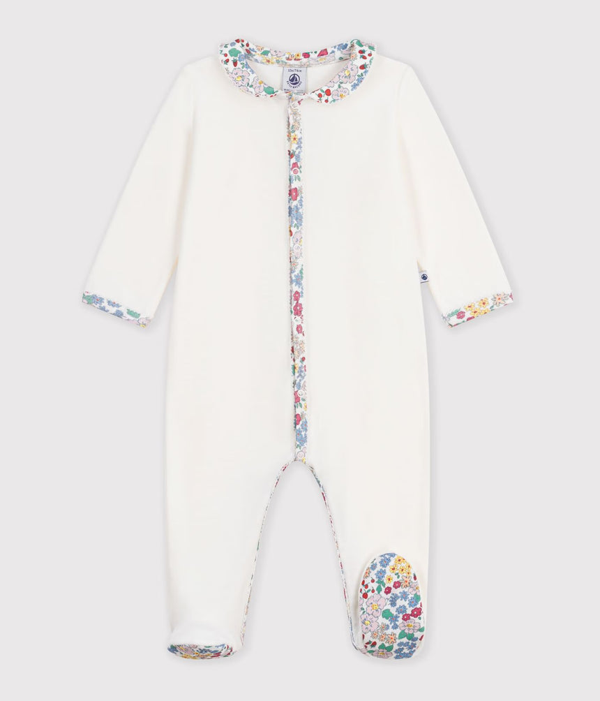 BABIES' PYJAMA SUIT IN PLAIN VELOUR WITH A COLLAR AND FLORAL PRINT DETAIL
