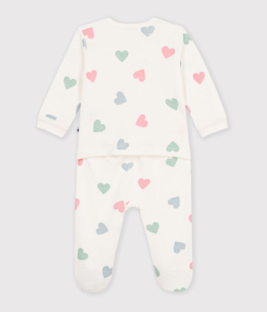 BABIES' HEART-PRINT POPPER-FREE COTTON TERRY PYJAMA SUIT