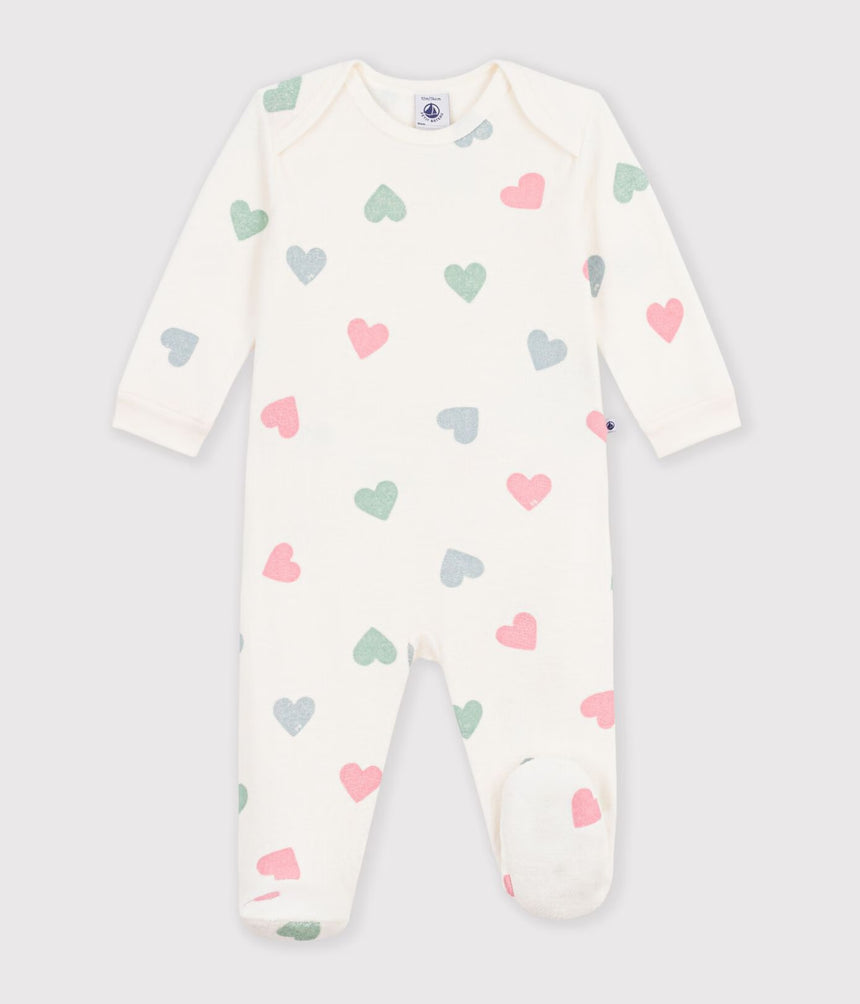 BABIES' HEART-PRINT POPPER-FREE COTTON TERRY PYJAMA SUIT