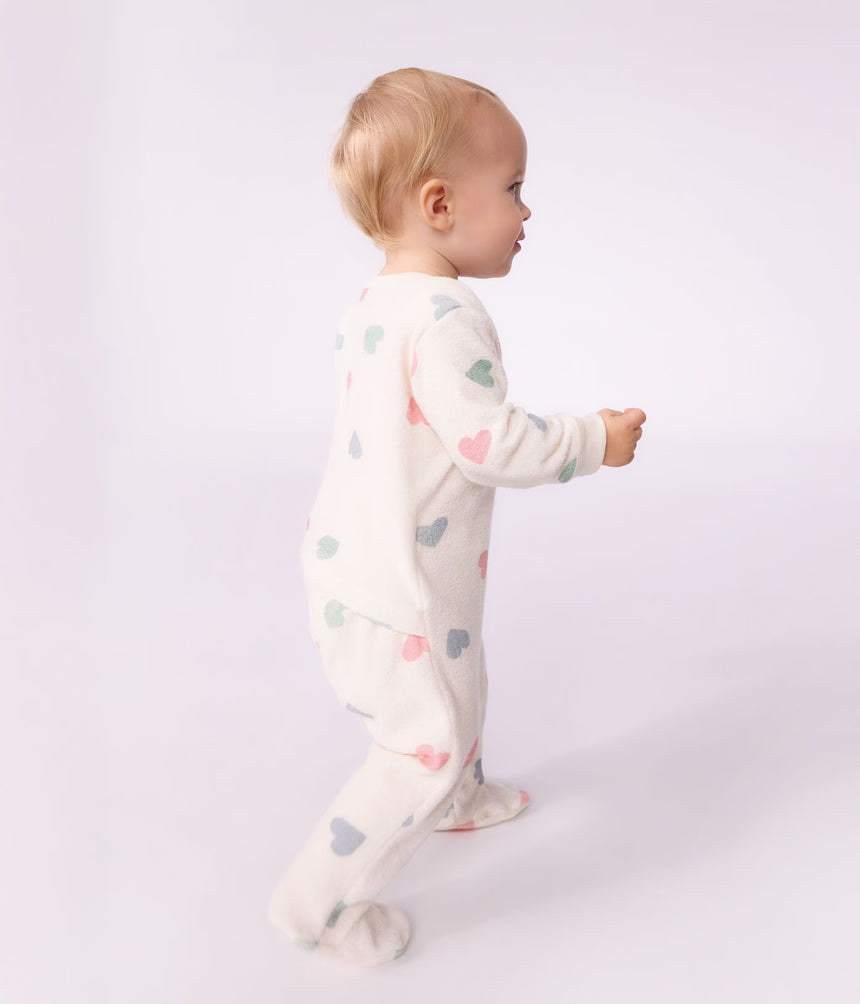 BABIES' HEART-PRINT POPPER-FREE COTTON TERRY PYJAMA SUIT