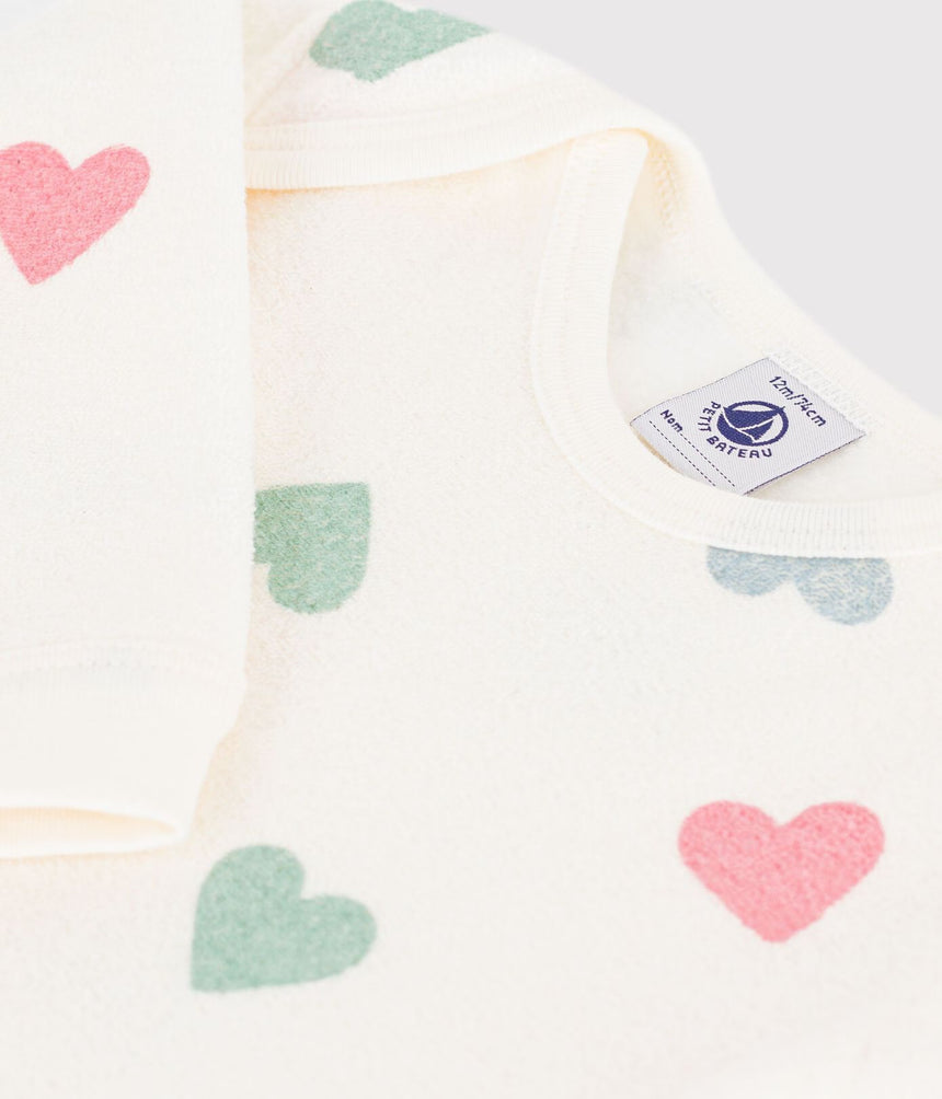 BABIES' HEART-PRINT POPPER-FREE COTTON TERRY PYJAMA SUIT