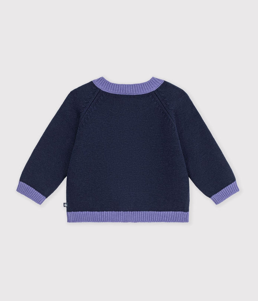 BABIES' JAQUARD HEART PATTERN CARDIGAN KNITTED IN WOOL AND COTTON