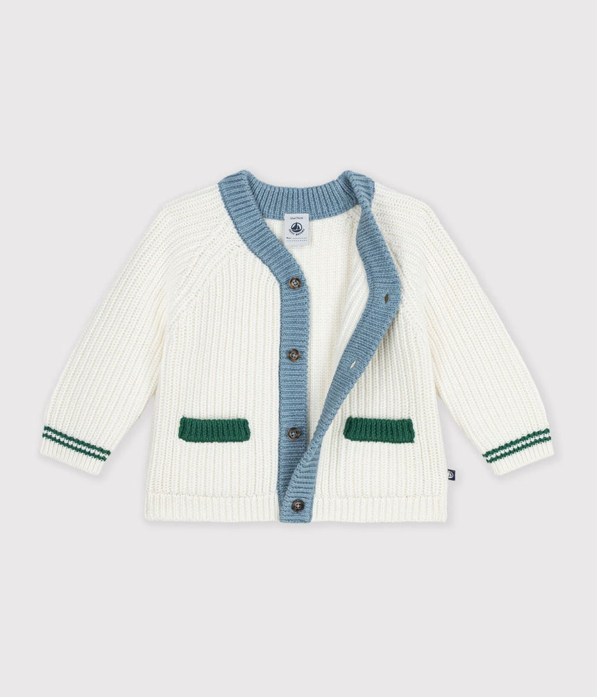 BABIES' WOOL AND COTTON KNIT CARDIGAN WITH CONTRAST DETAILS