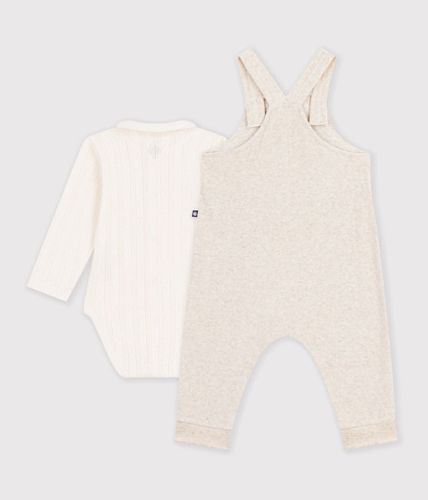 BABIES' PLAIN DUNGAREES AND BODY SET IN COTTON WITH A COLLAR