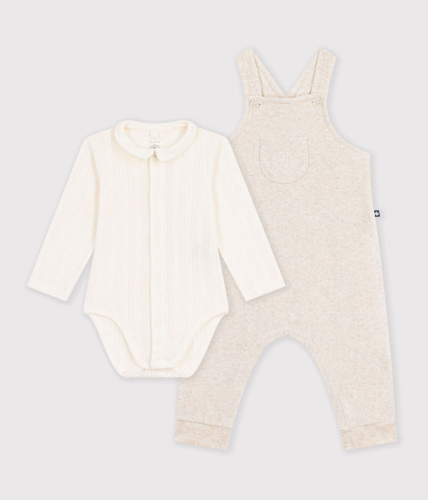 BABIES' PLAIN DUNGAREES AND BODY SET IN COTTON WITH A COLLAR