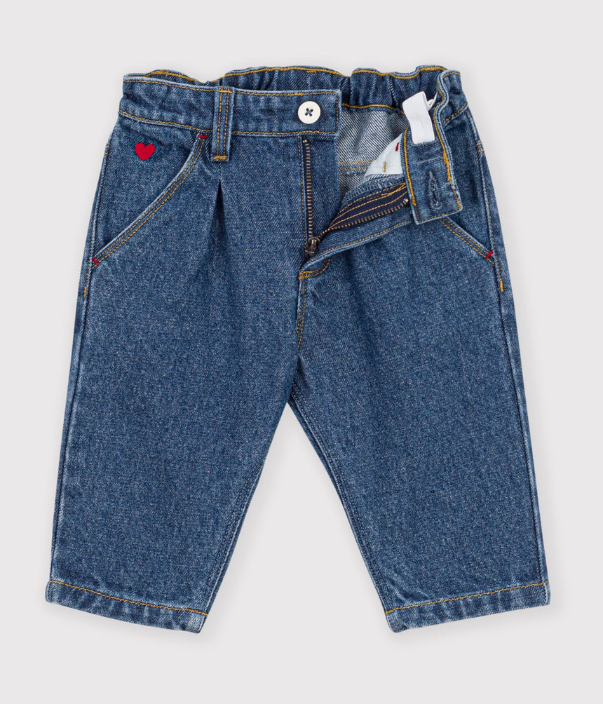 BABIES' TROUSERS IN PLAIN DENIM WITH HEART EMBROIDERY