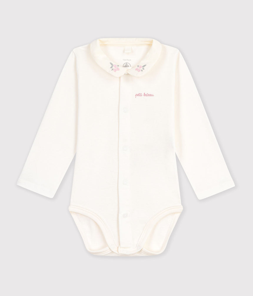 BABIES' LONG-SLEEVED PLAIN COTTON BODY WITH AN EMBROIDERED COLLAR