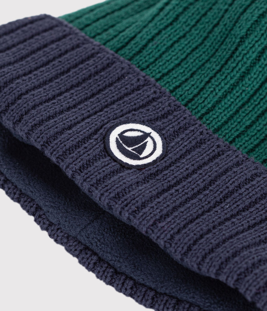 CHILDREN'S TWO-COLOUR KNITTED BEANIE WITH A FLEECE LINING