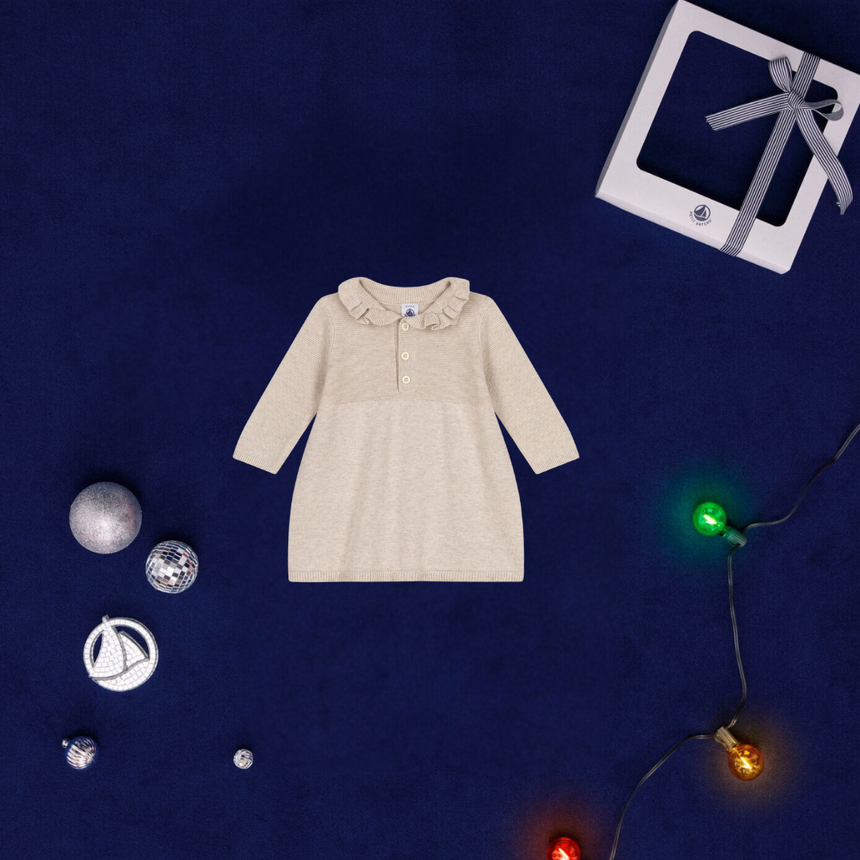 BABIES' LONG-SLEEVED KNITTED COTTON DRESS