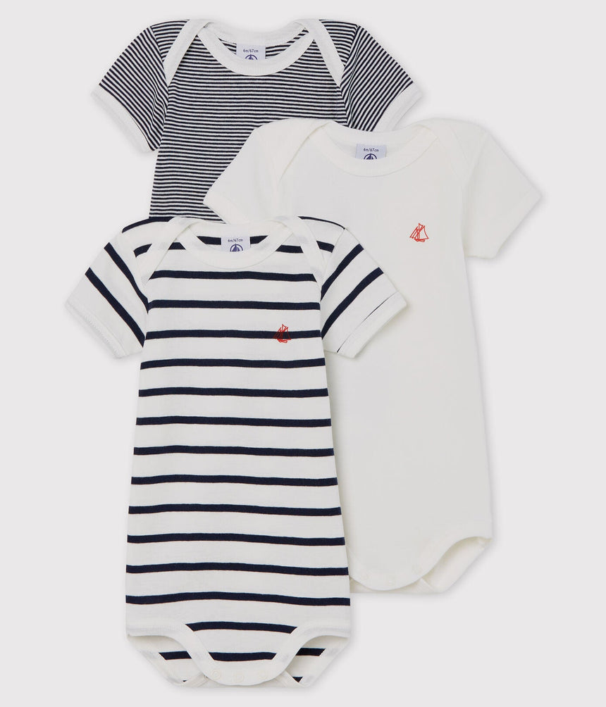 BABIES' STRIPY SHORT-SLEEVED ORGANIC COTTON BODYSUITS - 3-PACK