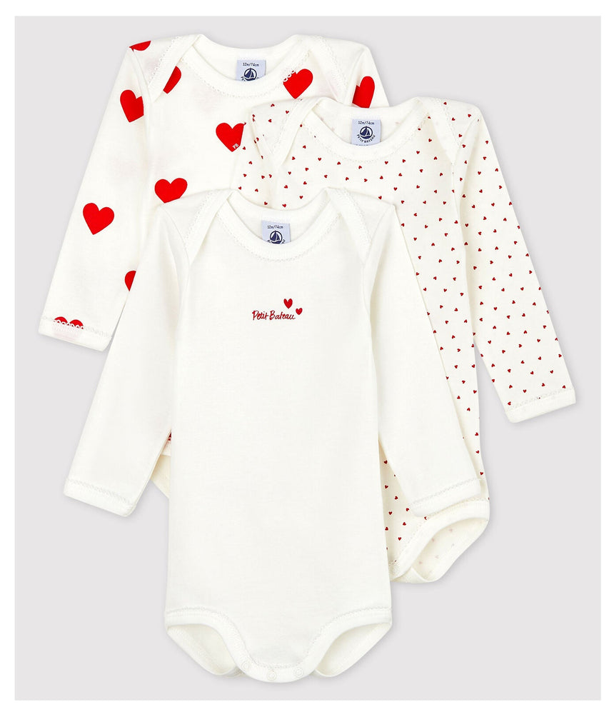 BABY GIRLS' LONG-SLEEVED HEART PATTERN ORGANIC COTTON BODYSUIT - 3-PACK