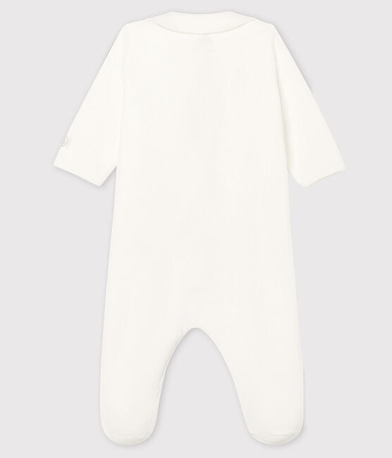 BABIES' WHITE ZIP-UP ORGANIC COTTON VELOUR SLEEPSUIT