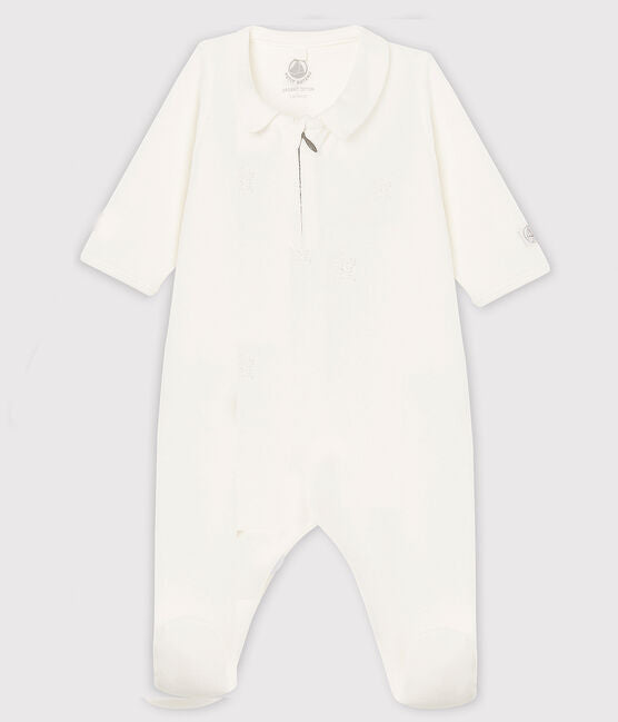 BABIES' WHITE ZIP-UP ORGANIC COTTON VELOUR SLEEPSUIT