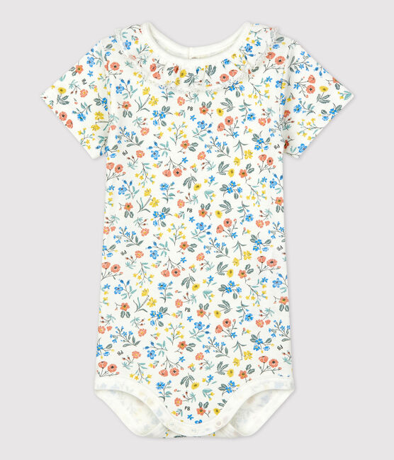 BABIES' COTTON FLORAL PRINT BODYSUIT WITH RUFFLE COLLAR