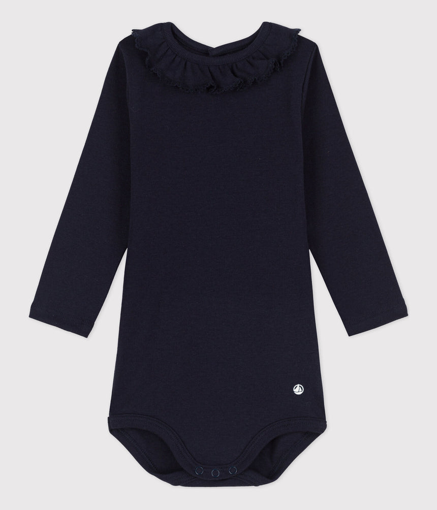 BABIES' LONG-SLEEVED COTTON BODYSUIT WITH RUFF COLLAR