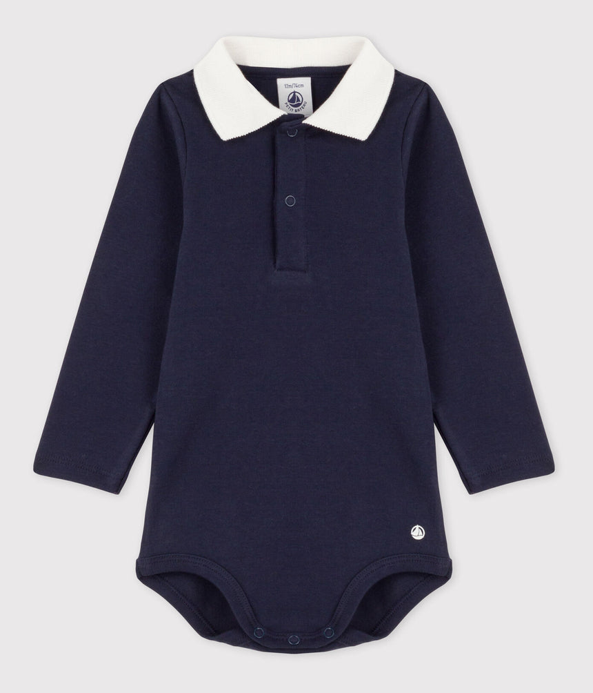 Babies' Long-Sleeved Cotton Bodysuit With Polo Shirt Collar