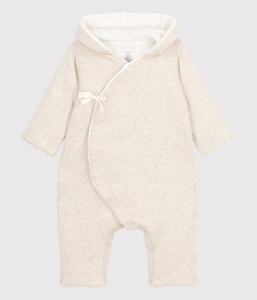 BABIES' MARLED GREY ORGANIC COTTON HOODED JUMPSUIT