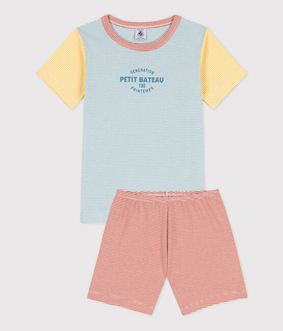 CHILDREN'S UNISEX THREE-TONE PINSTRIPED COTTON SHORT PYJAMAS