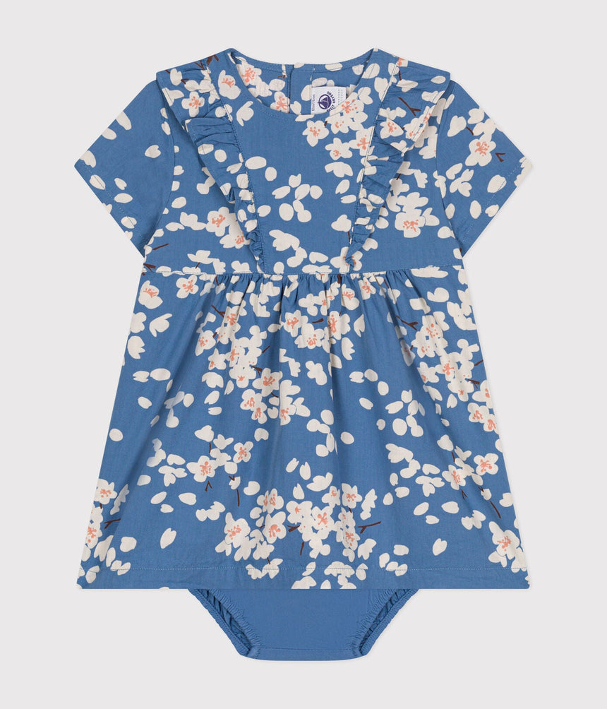 BABY GIRLS' SHORT-SLEEVED POPLIN DRESS AND BLOOMERS