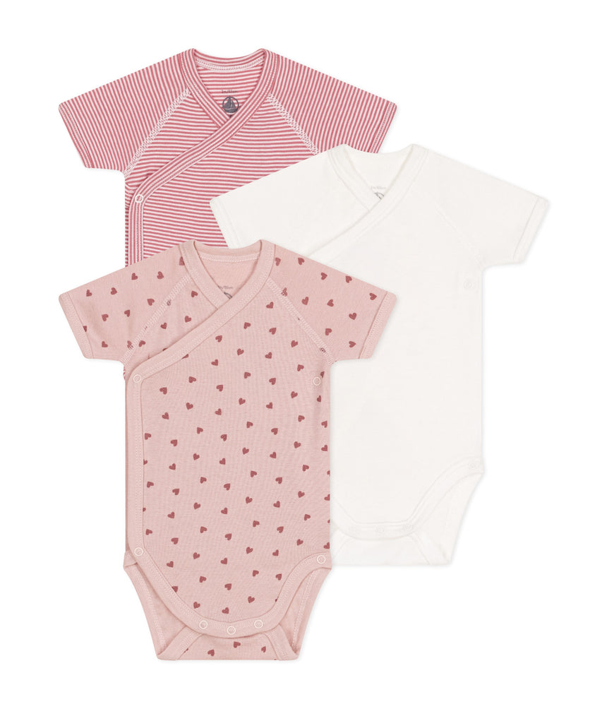 BABIES' SHORT-SLEEVED WRAPOVER COTTON BODYSUITS - 3-PACK