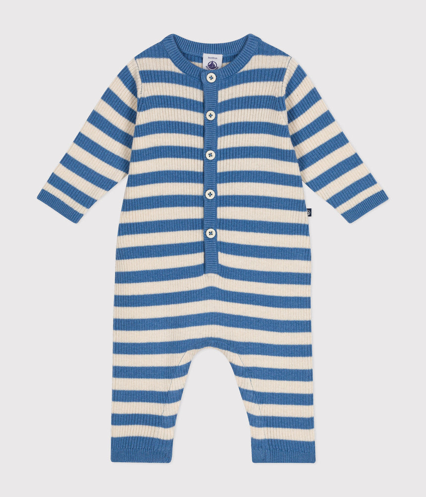 BABIES' STRIPY WOOL AND COTTON KNIT JUMPSUIT