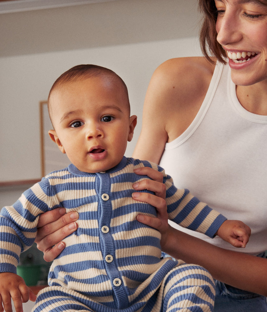 BABIES' STRIPY WOOL AND COTTON KNIT JUMPSUIT