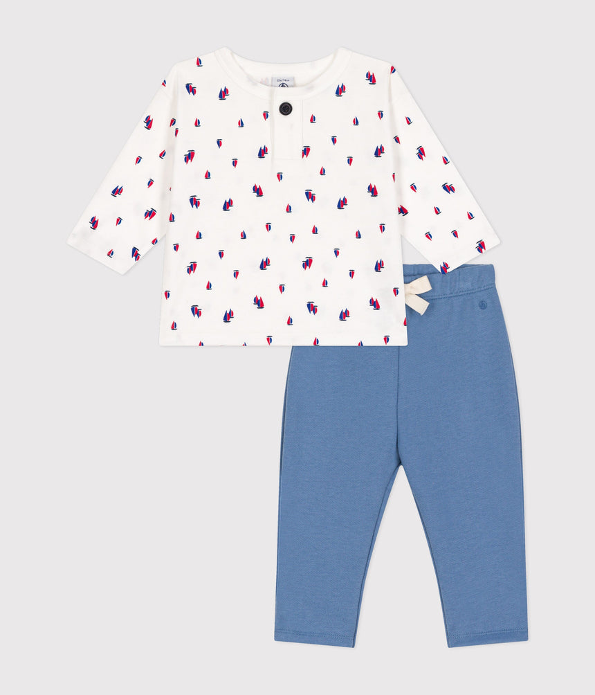 BABIES' COTTON FLEECE DUNGAREES AND T-SHIRT